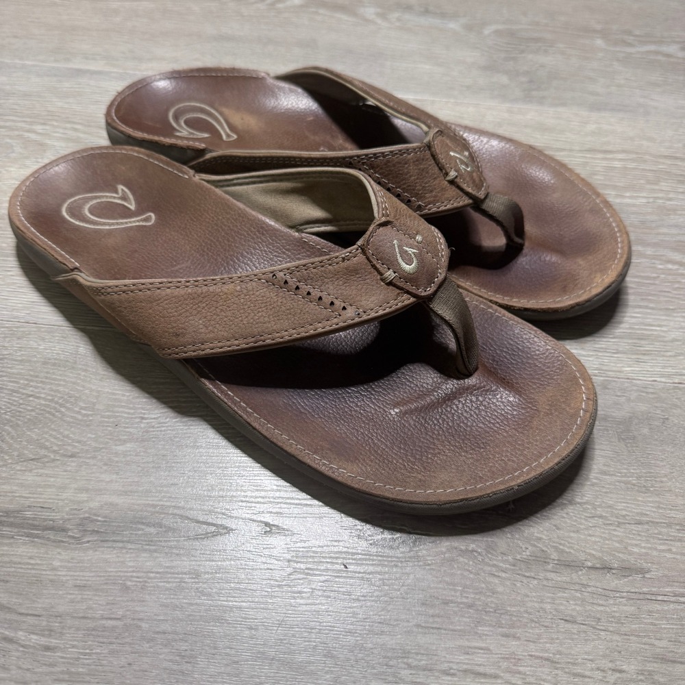 OluKai Nui Mens Leather Flip Flop Sandals Brown Dark Wood Size 11